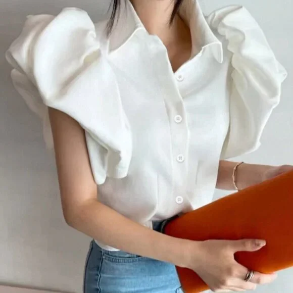 White Casual Women's Single-Breasted Shirt With Puff Sleeve Design - Picture 2 of 4